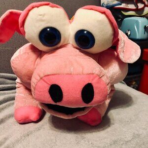 RARE Jumbo 16-in Pig Plush Big Googly Blue Eyes Pink Velvet Kitsch Novelty Toy